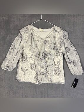 NWT En Focus Studio Women S Floral Ruffle Blouse Top Black White Chiffon Lined